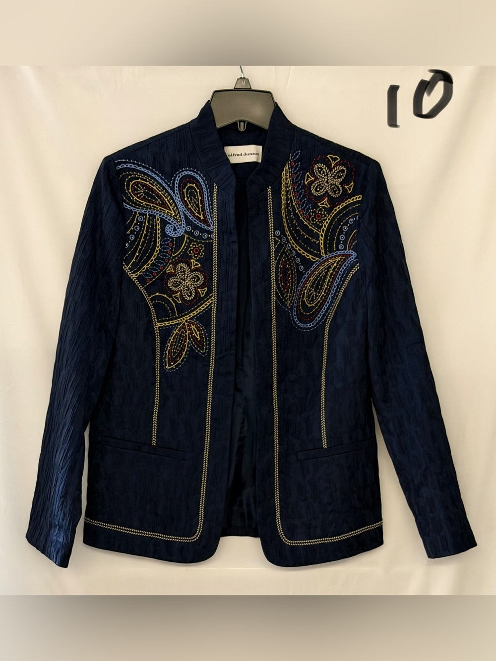 Alfred Dunner Navy Paisley Embroidered Open-Front Jacket
